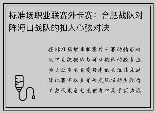 标准场职业联赛外卡赛：合肥战队对阵海口战队的扣人心弦对决